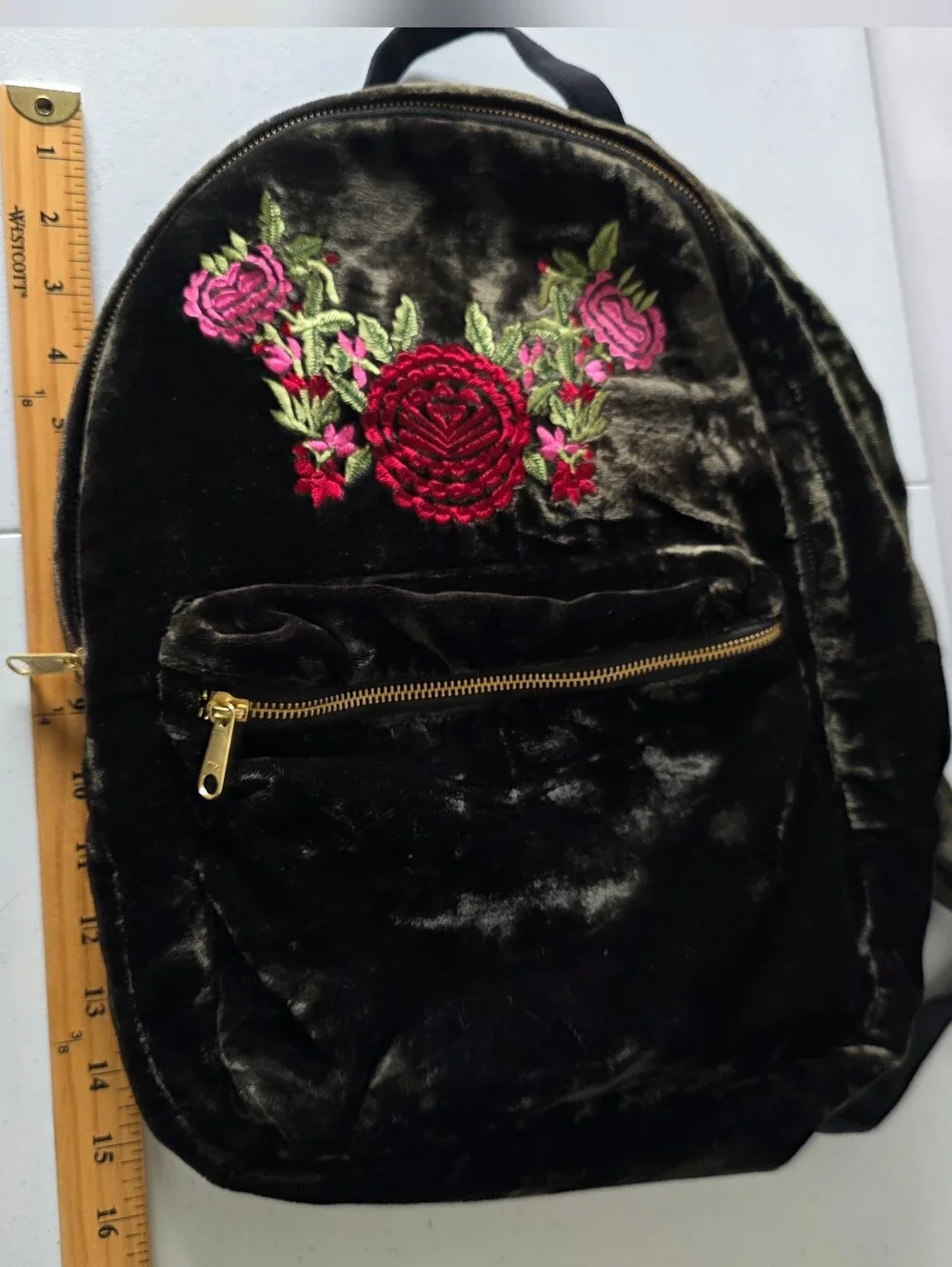 World Market Velvet Backpack Floral Embroidery Zip Pockets Plush Wearable Art